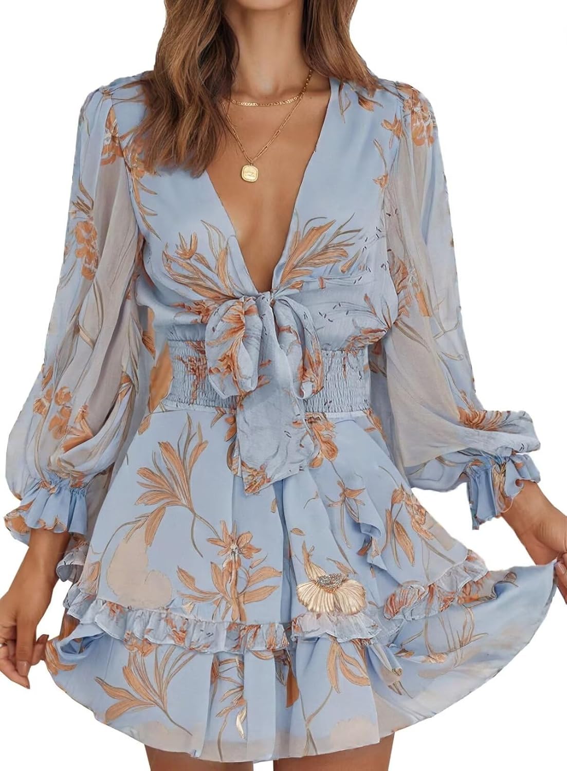 Dokotoo Womens Casual Deep V Neck Knotted Mini Swing Dress