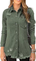 Sidefeel Women Long Sleeve Button Denim Jacket Distressed Ripped Jean