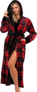 Alexander Del Rossa Womens Robe Red Black Plaid - Long Plush Hooded