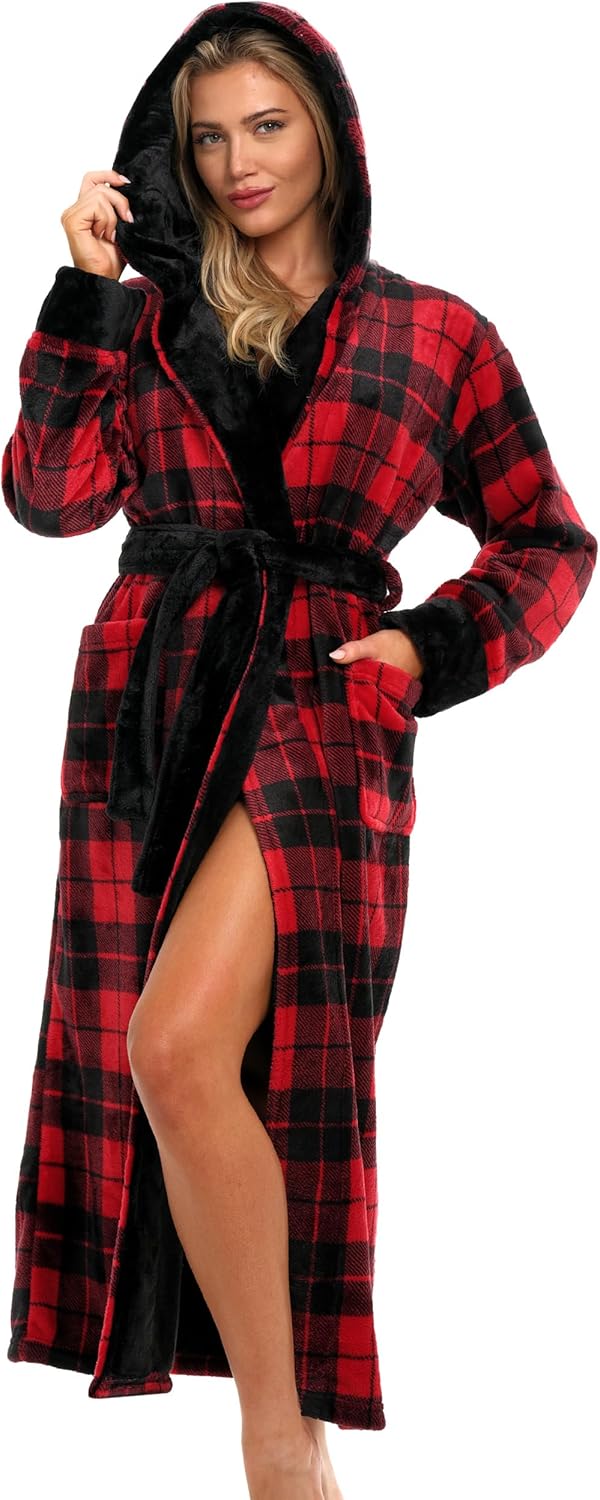 Long Plush Bathrobe with Hood for Women - Cozy & Stylish
