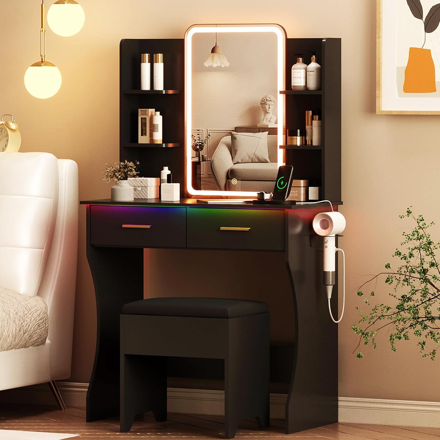 Vanity Desk with LED Lights Mirror & Power Outlet for Makeup
