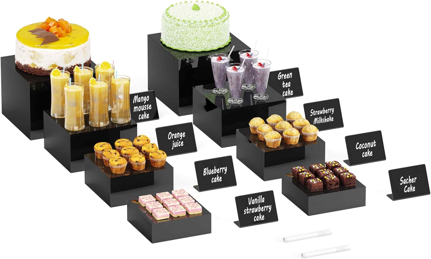 8PSC Buffet Risers for Catering Display, Black Acrylic Stands