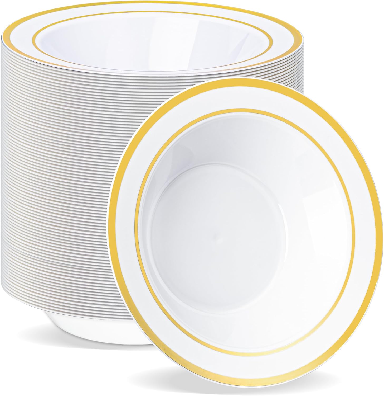 100 Pack Plastic Bowls with Gold Rim for Elegant Dining Events