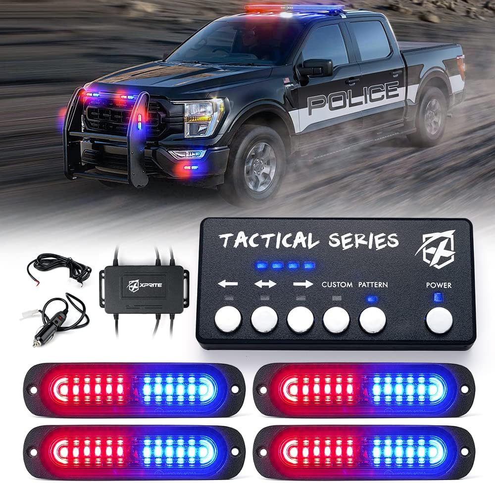 Xprite Red Blue LED Surface Mount Strobe Lights Kit for Vehicles