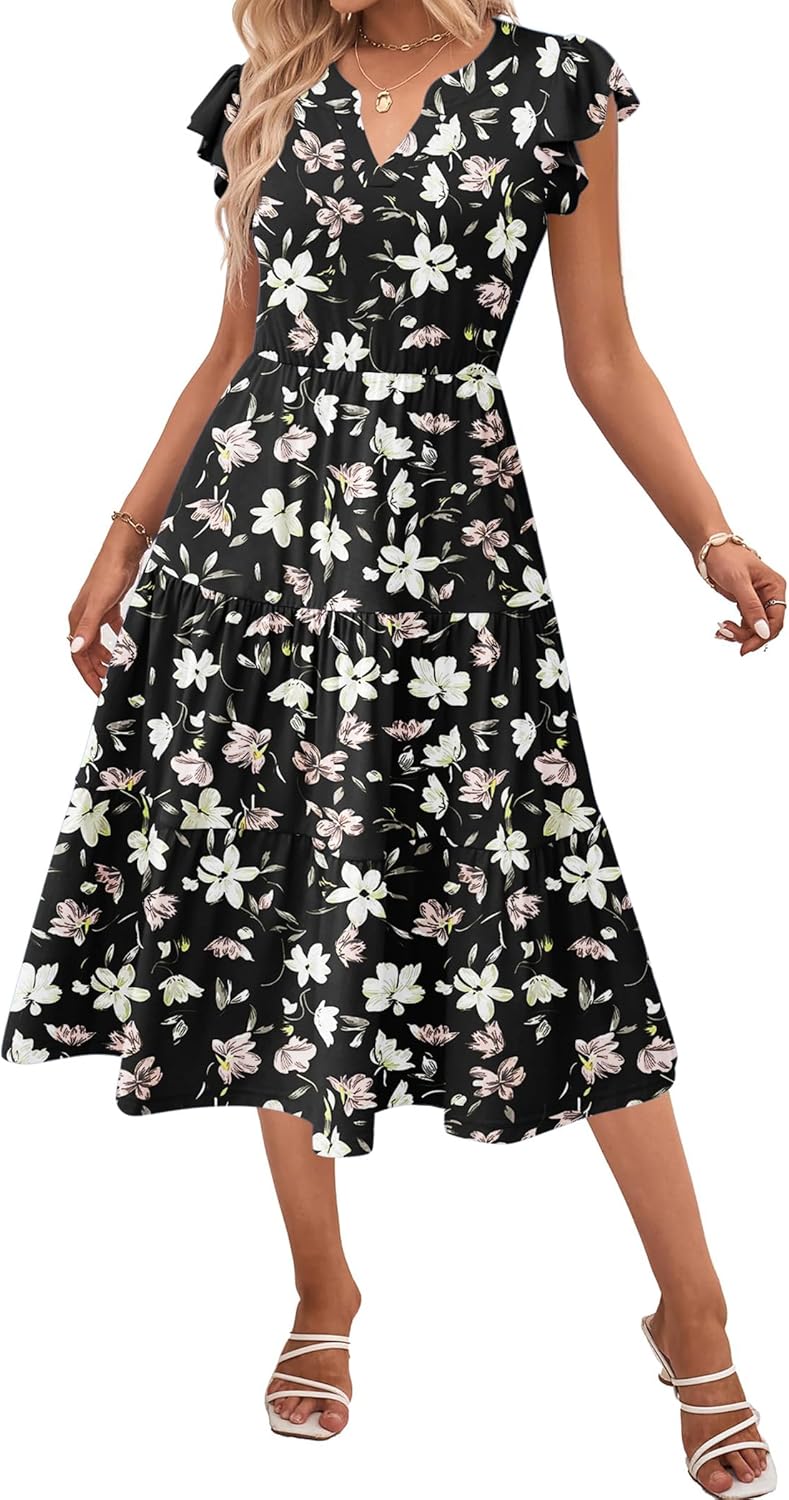 Womens Summer Casual Dresses with Ruffle Sleeves and Pockets