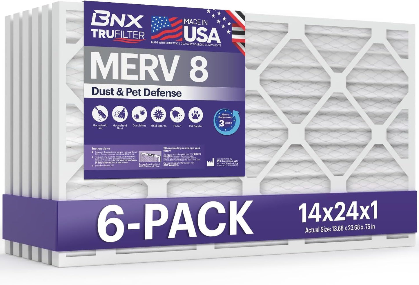 BNX TruFilter 14x24x1 Air Filter MERV 8 for Dust & Pet Defense