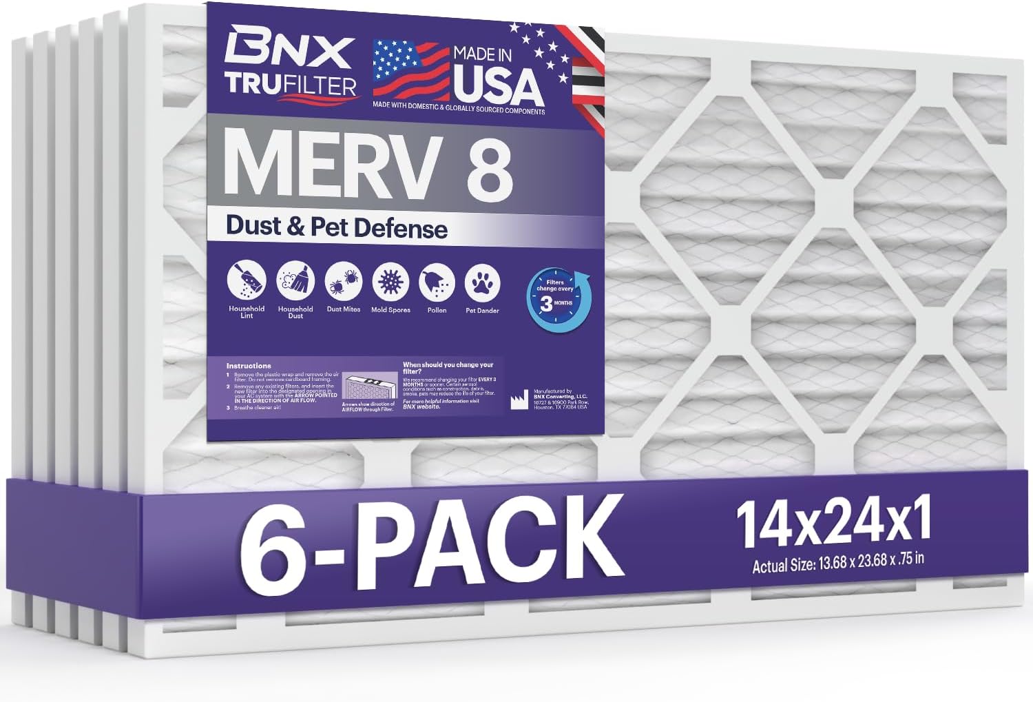 BNX TruFilter 14x24x1 Air Filter MERV 8 for Dust & Pet Defense
