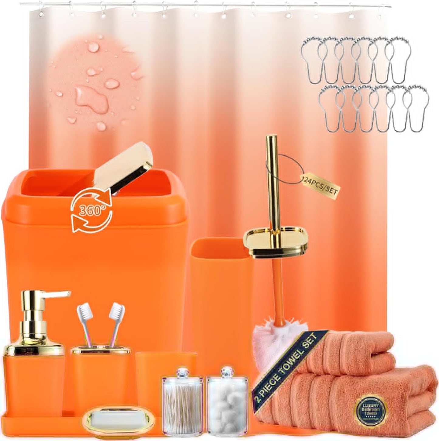 Orange Bathroom Accessories Set with Shower Curtain and Towels