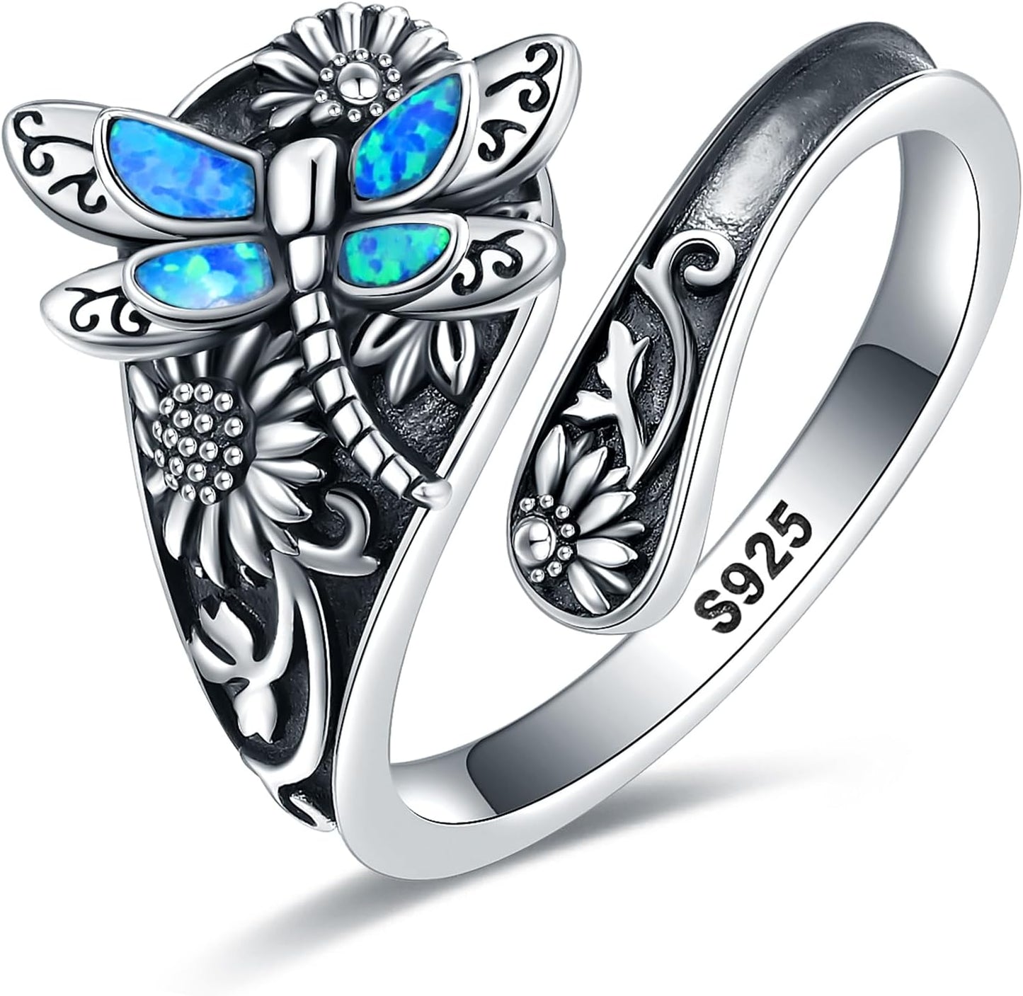 S925 Sterling Silver Abalone Dragonfly Spoon Ring for Women