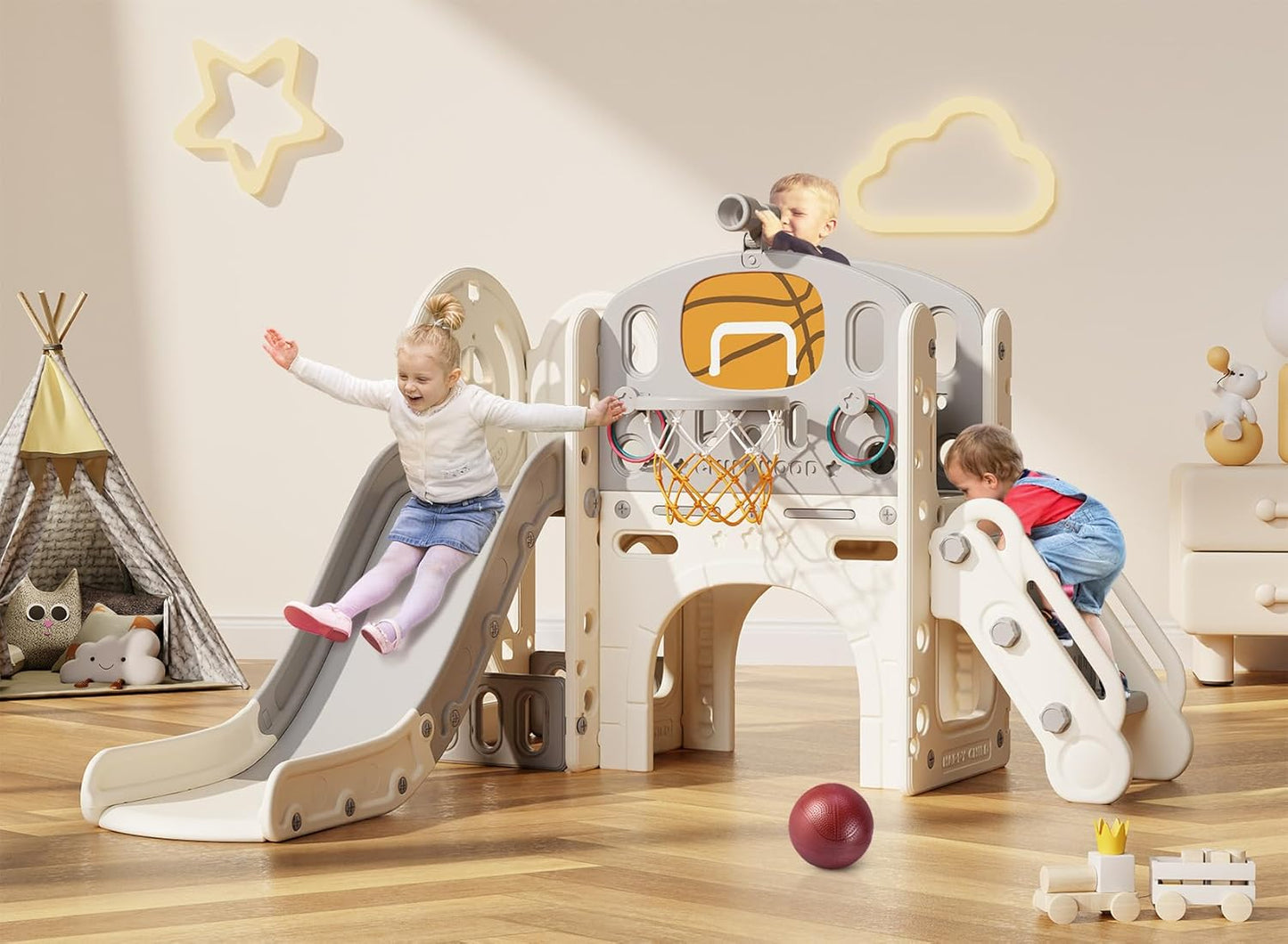 9 in 1 Toddler Slide with Ring Toss and Basketball Hoop for Fun