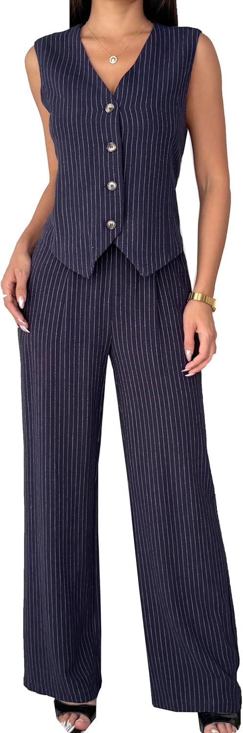 Stylish Women's 2 Piece Outfits Linen Vest and Wide Leg Pants