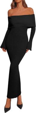 Off The Shoulder Sweater Dress - Long Sleeve Bodycon Maxi Dress