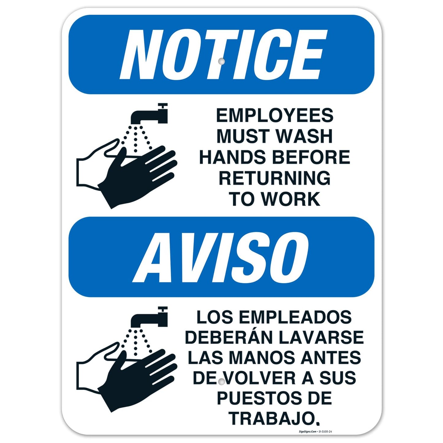 Employees Hand Washing Sign, Bilingual Spanish English, 18x24 in