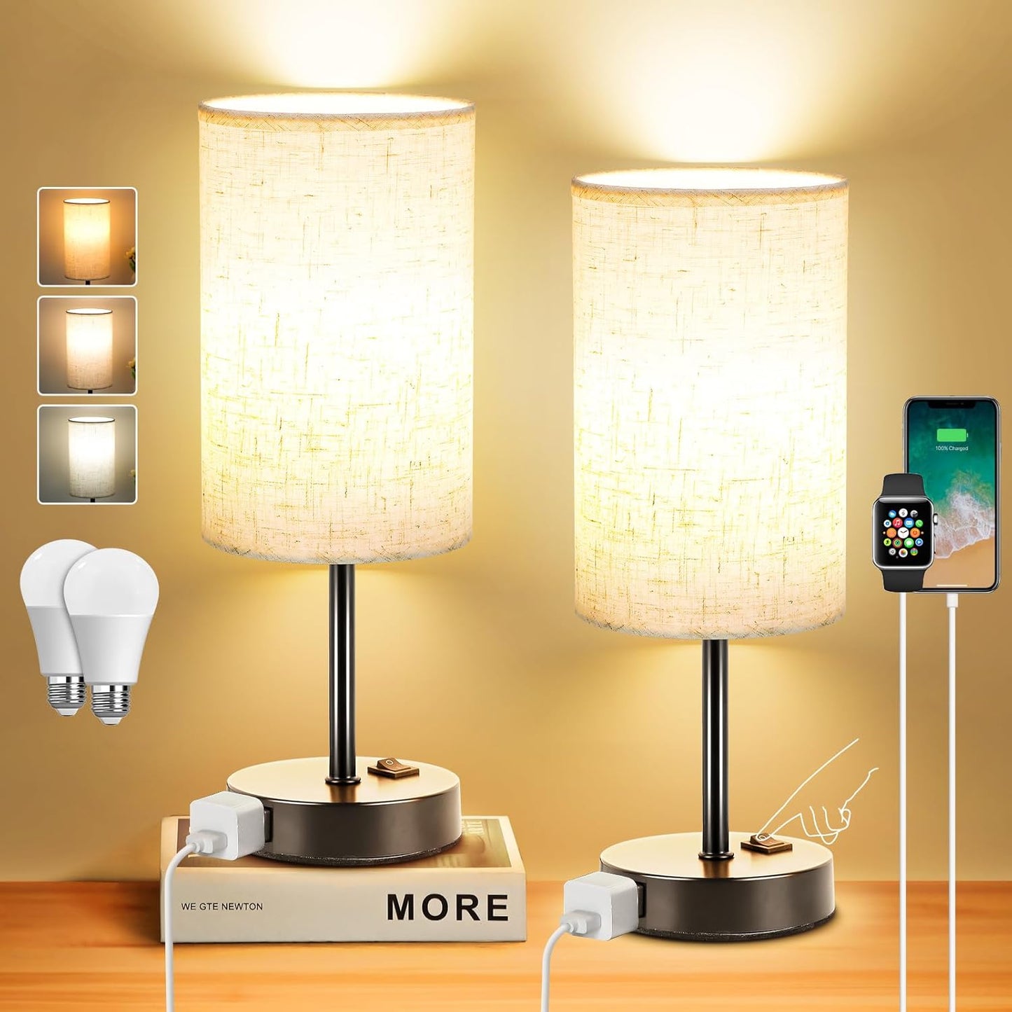 Set of 2 Dimmable Lamps with AC Outlet by ZJOJO