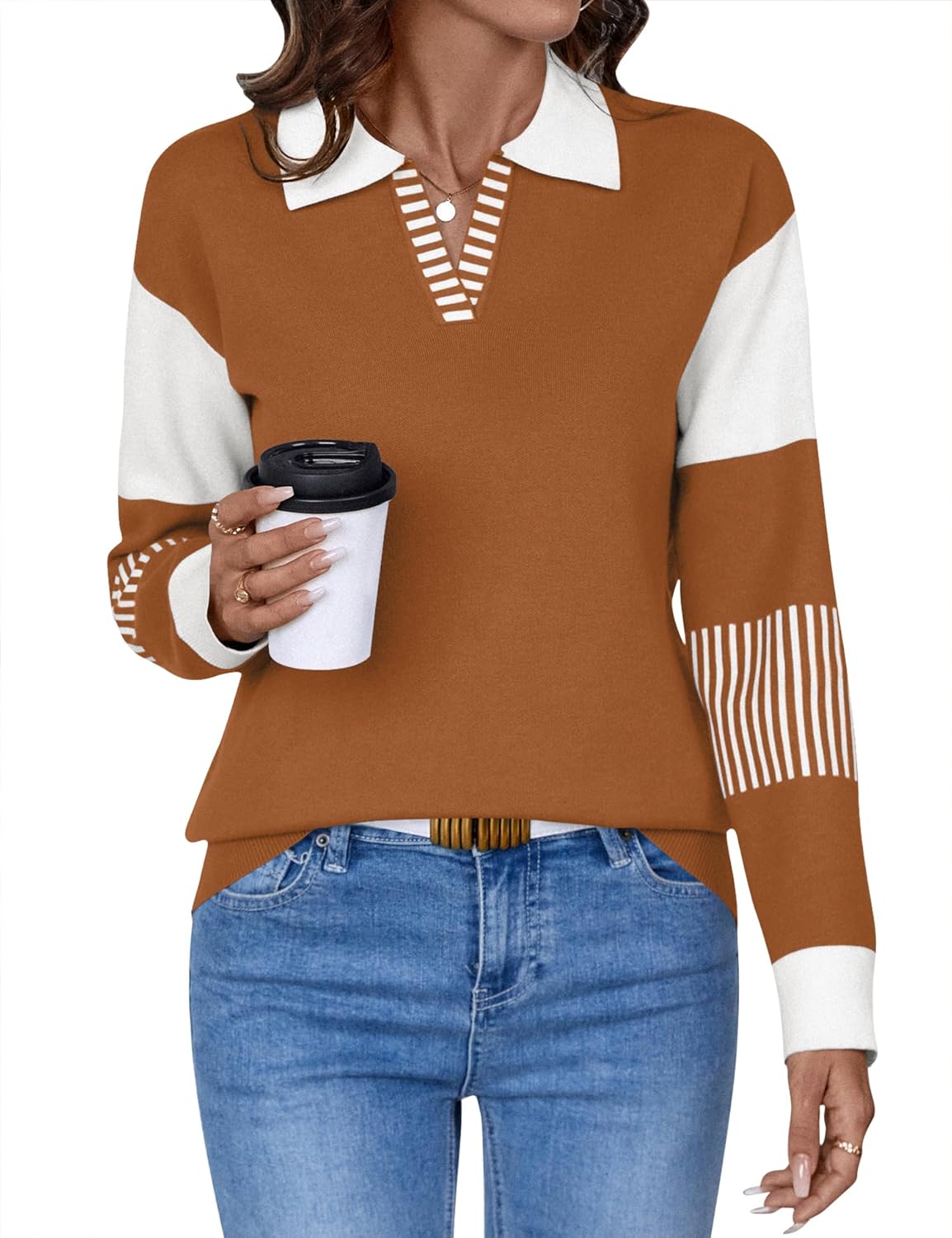 LOMON V Neck Long Sleeve Loose Sweaters for Cozy Style
