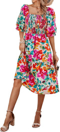 PRETTYGARDEN Women's Floral Smocked Midi Dress - Flowy Boho Fit