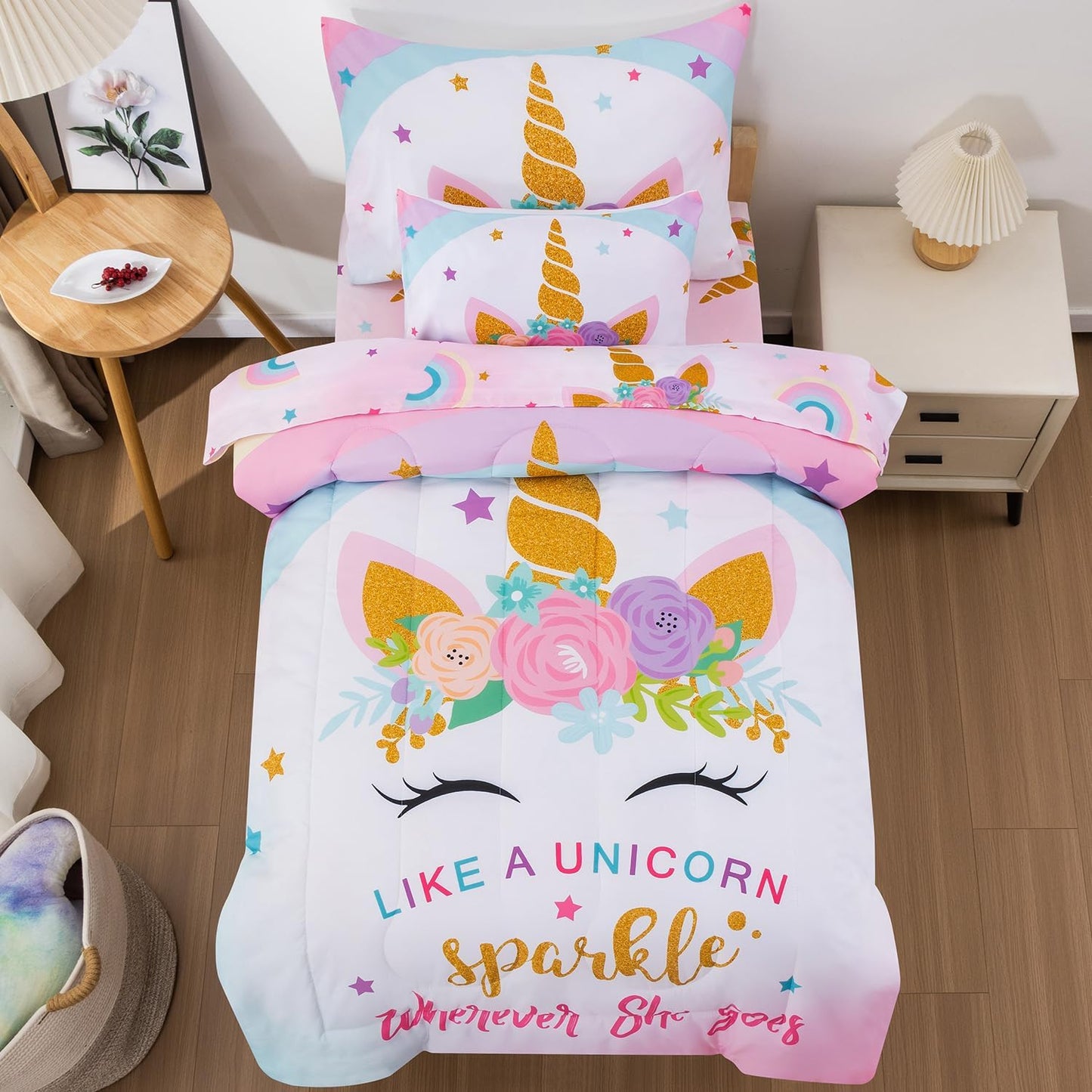 Toddler Comforter Set with Unicorn Sparkle Theme for Girls