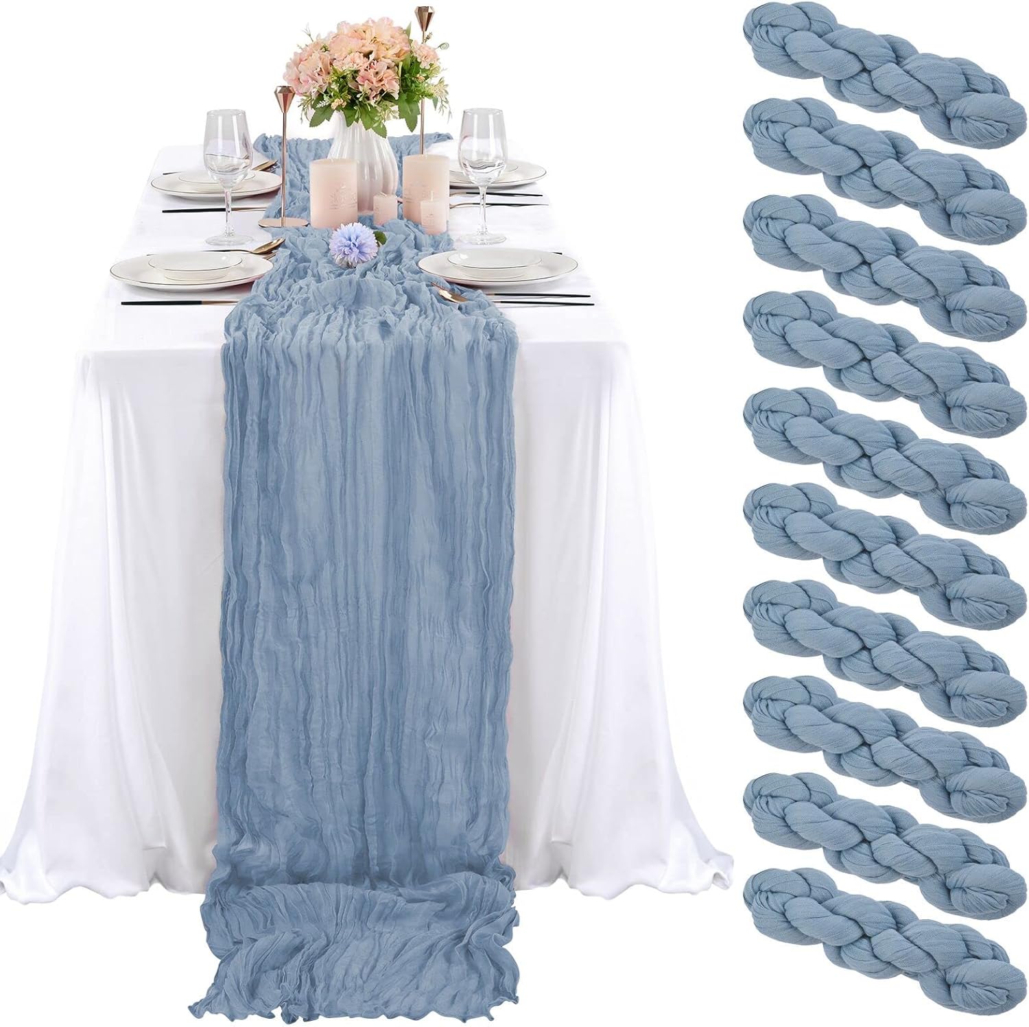 10 Pcs Dusty Blue Cheesecloth Table Runner for Elegant Events