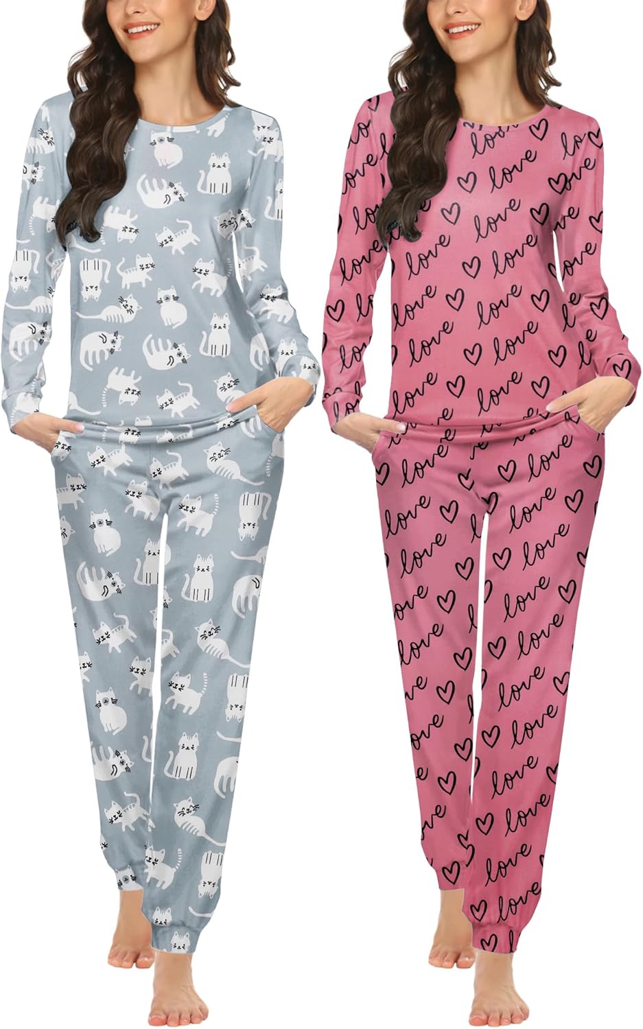 Ekouaer 2 Pack Women's Pajama Set with Long Sleeve Top and Pants