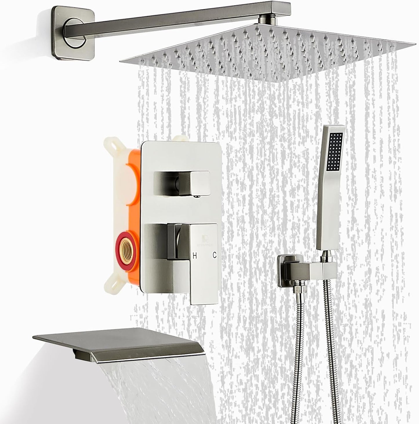 Brushed Nickel Rainfall Shower Head Set with Tub Spout and Handle