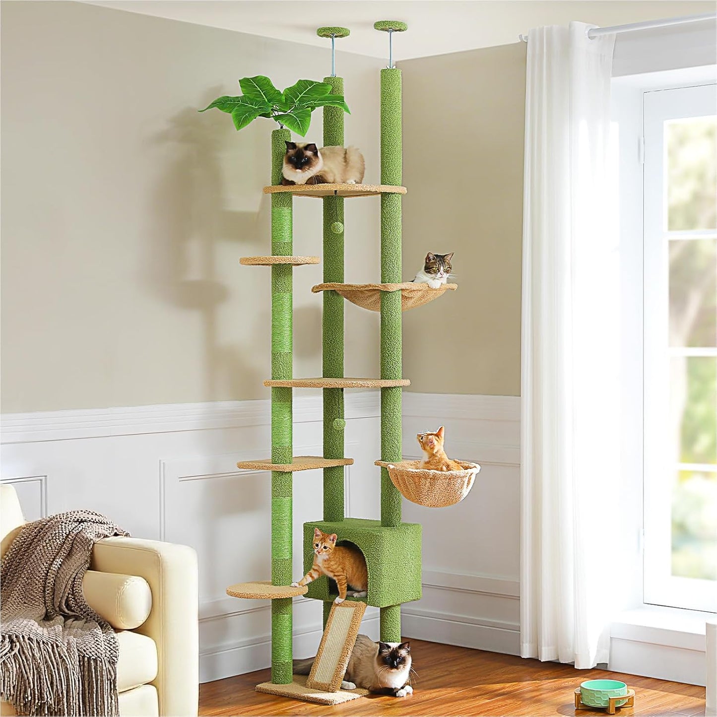 PETEPELA Floor to Ceiling Cat Tree with Spacious Condo and Hammock