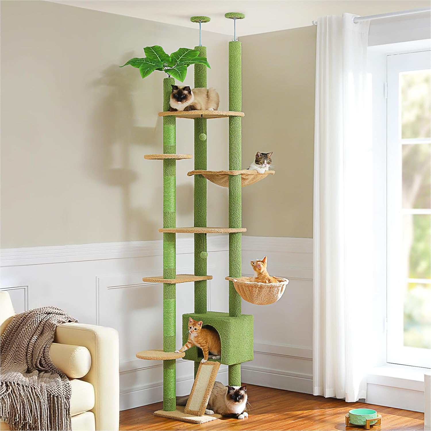 PETEPELA Floor to Ceiling Cat Tree with Spacious Condo and Hammock