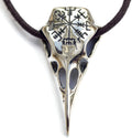 Raven Skull Necklace with Vegvisir Pendant - Norse Protection Amulet