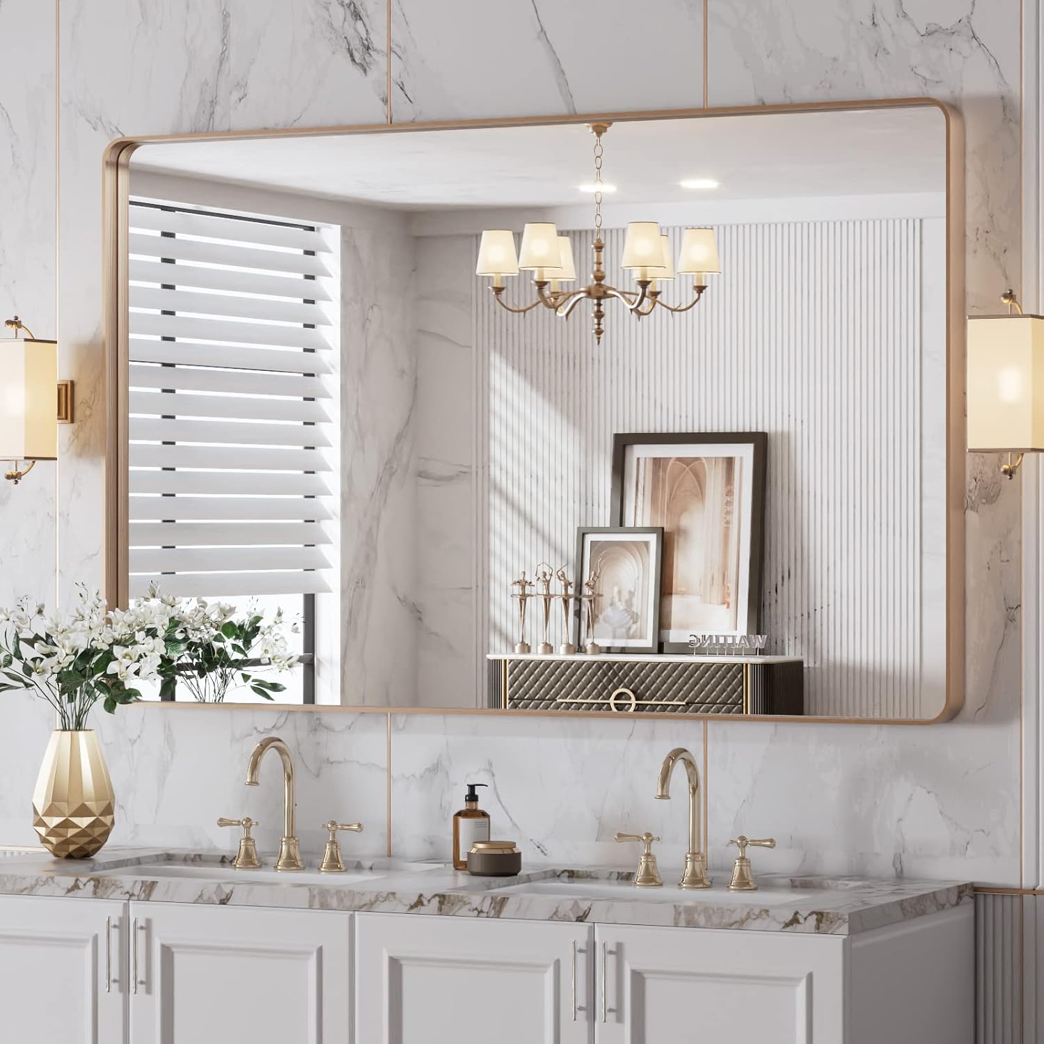 LOAAO 48X30 Gold Bathroom Mirror with Rounded Rectangle Frame