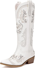 Cowboy Boots for Women Knee High Wide Calf White Glitter Rhinestone