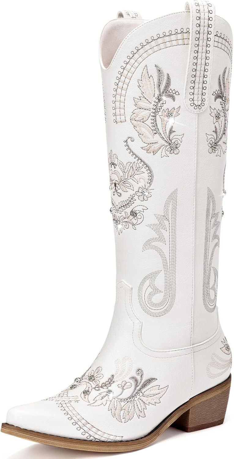 Stylish Wide Calf Knee High Cowgirl Boots with Rhinestones