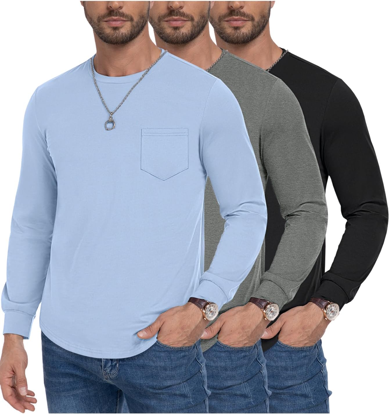 Men's Long Sleeve Pure Cotton T-Shirt Crewneck Pocket Tee
