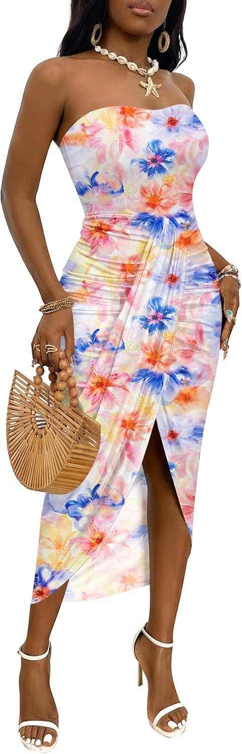 Umenlele Women's Strapless Ruched High Waist Maxi Dress Review