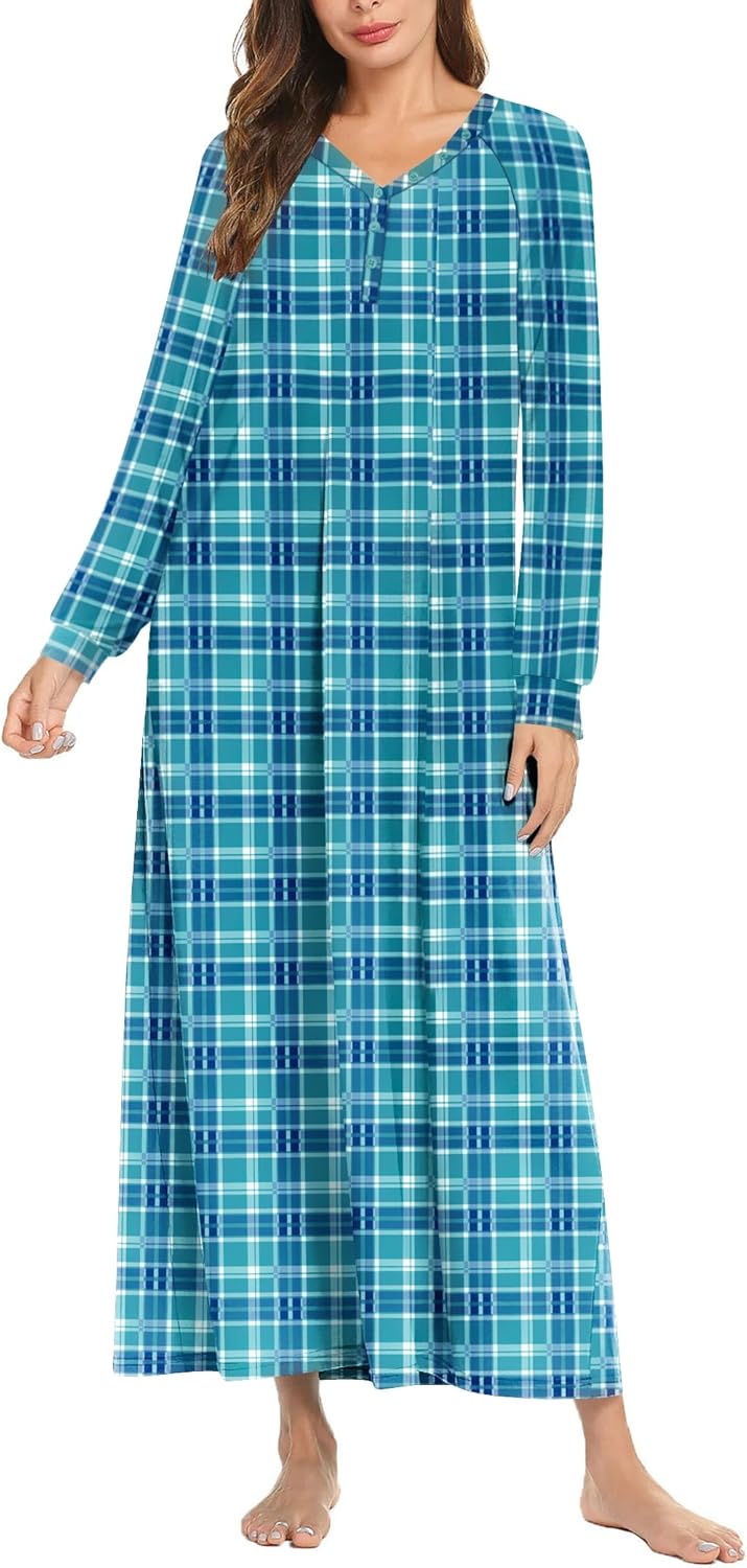 Ekouaer Nightgown Long Sleeve V Neck Loungewear for Women