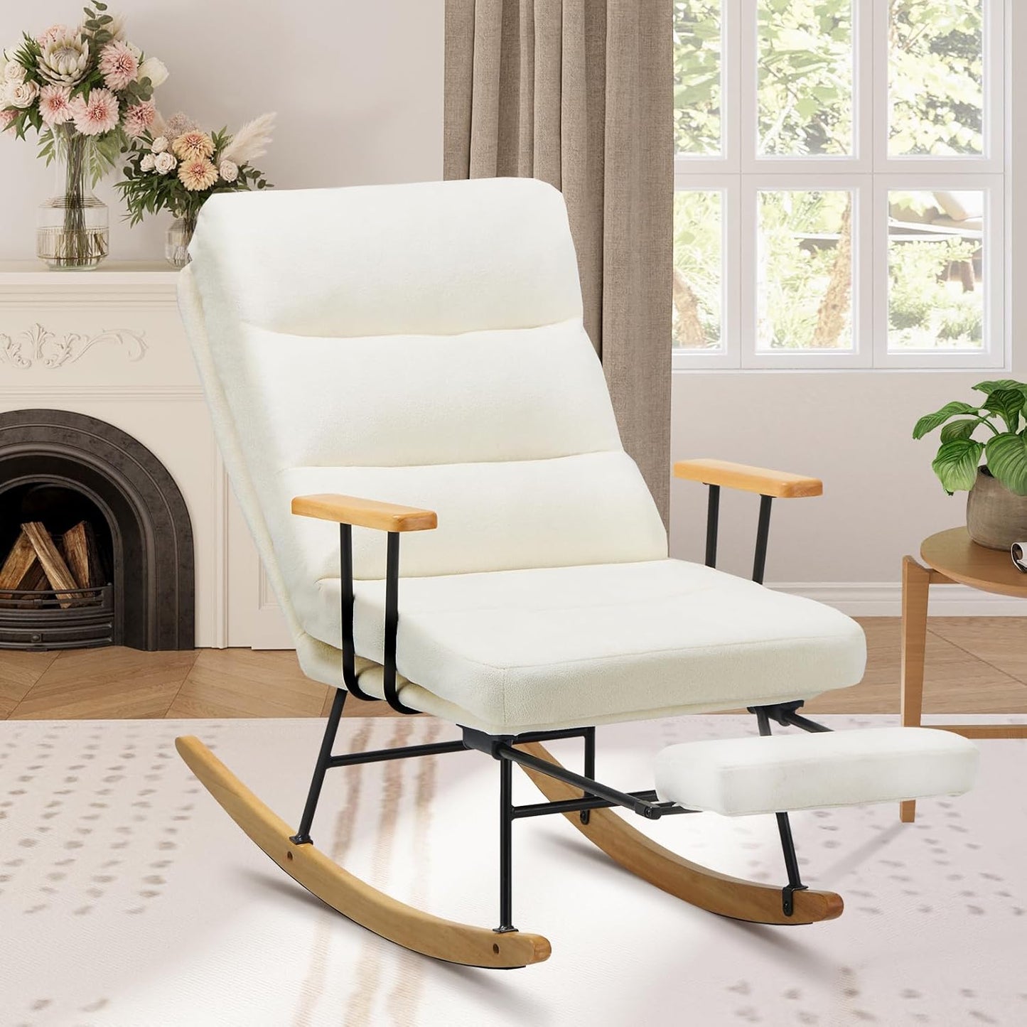 COLAMY Glider Rocker Chair: Retractable Footrest, Adjustable Backrest, Teddy Upholstered-Beige