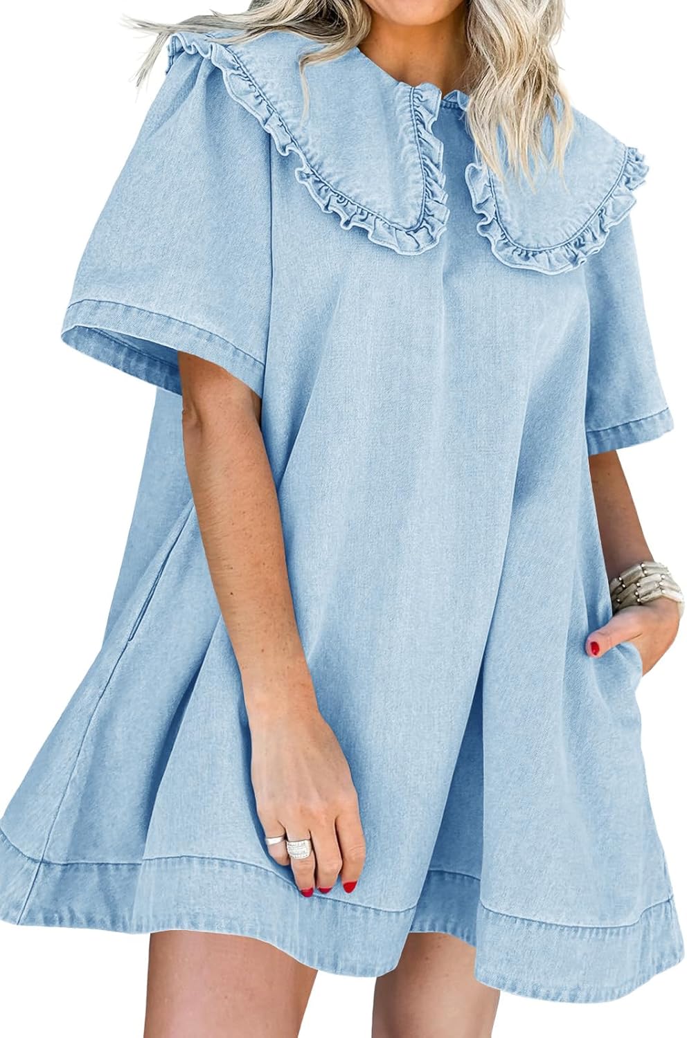 Womens Summer Denim Mini Dress with Peter Pan Collar Style