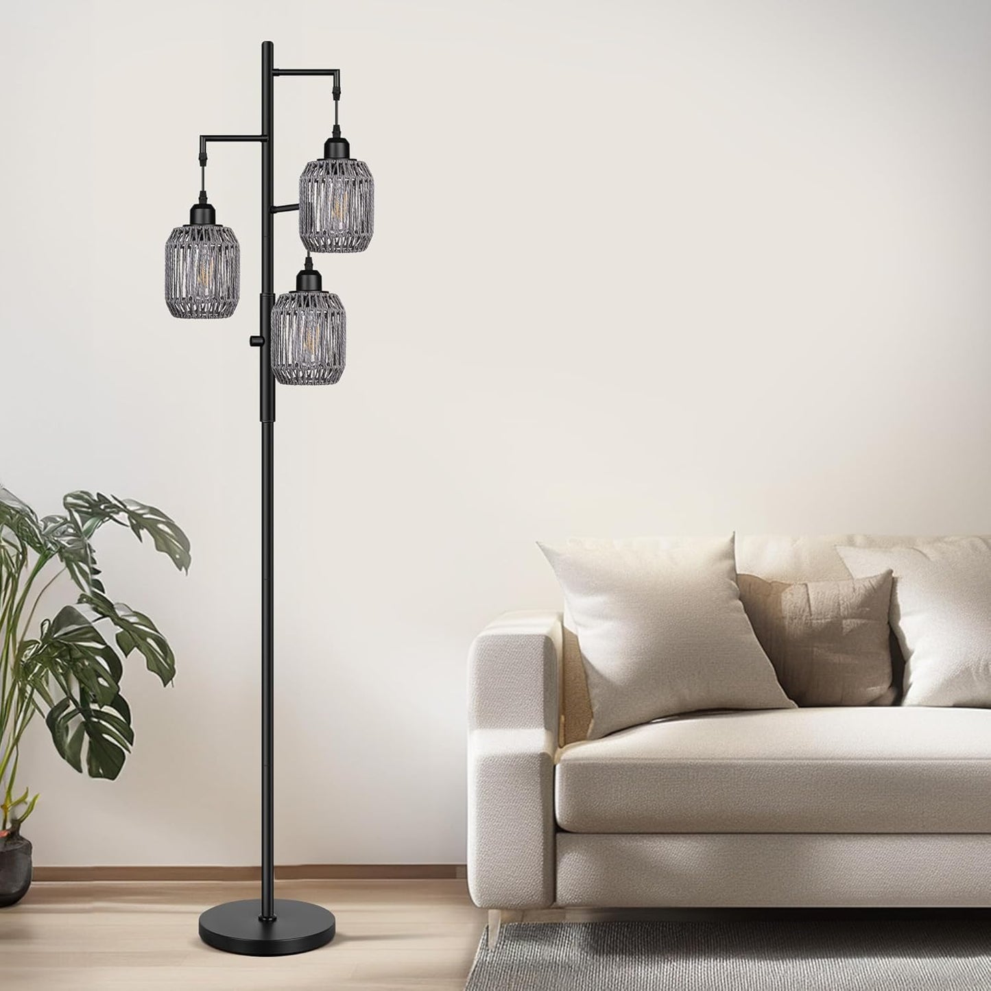 Dimmable Boho Floor Lamp - 3 Light Rustic Rattan Design