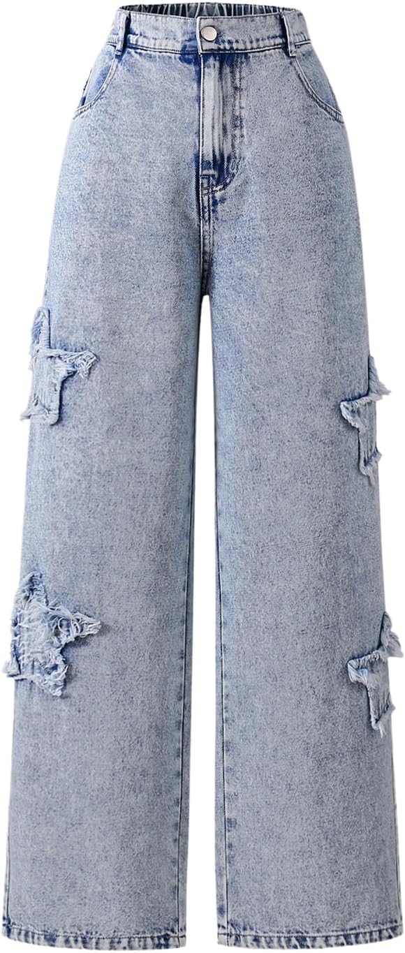 WDIRARA Girl's Bowknot Print Washed Jean Elastic Waist Pants