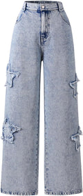 WDIRARA Girl's Bowknot Print Washed High Rise Straight Jeans Shoes