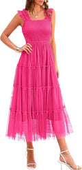 Women's Tulle Midi Dress Sundress - Flowy Smocked Ruffle Midi