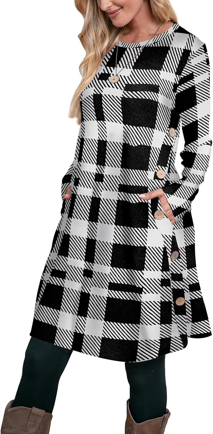 OFEEFAN Long Sleeve Dress for Women with Pockets and Buttons