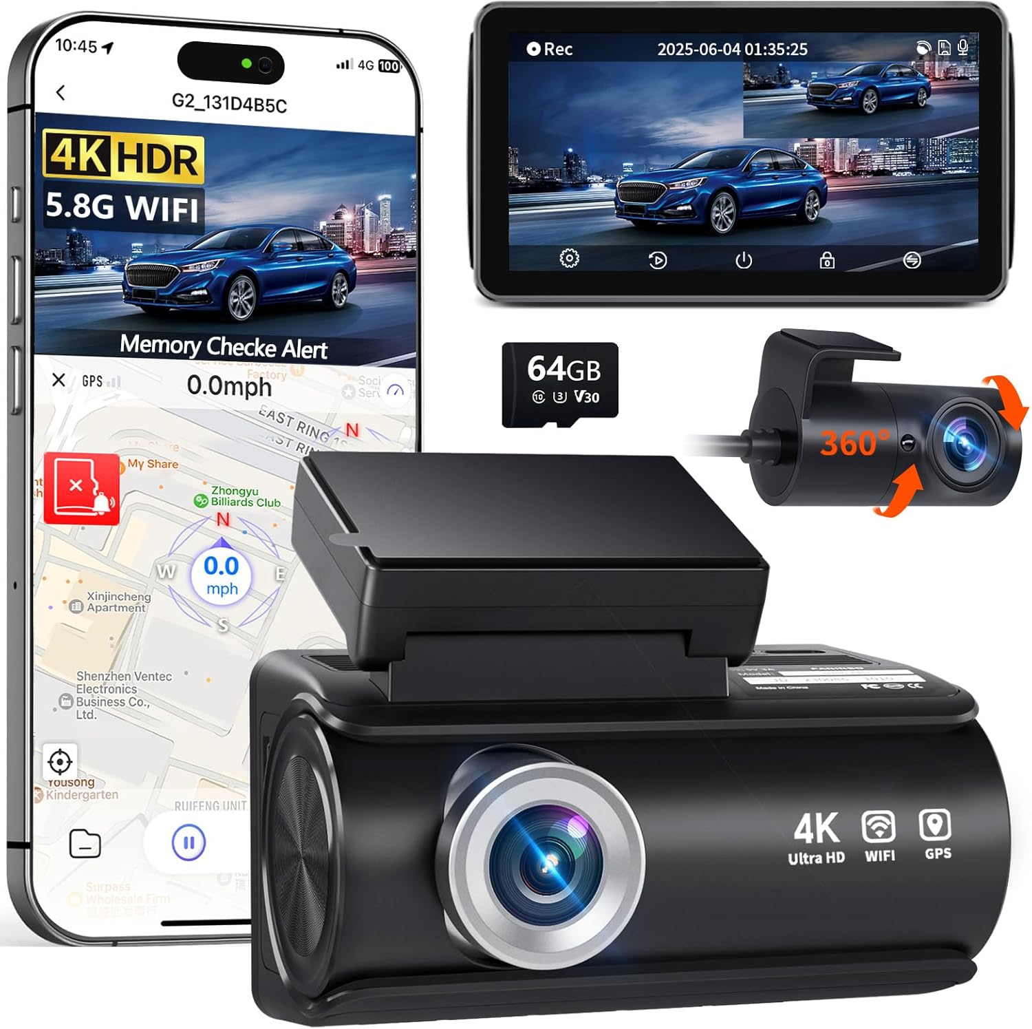 4K Full HD Dual Dash Cam for Cars with Night Vision and GPS