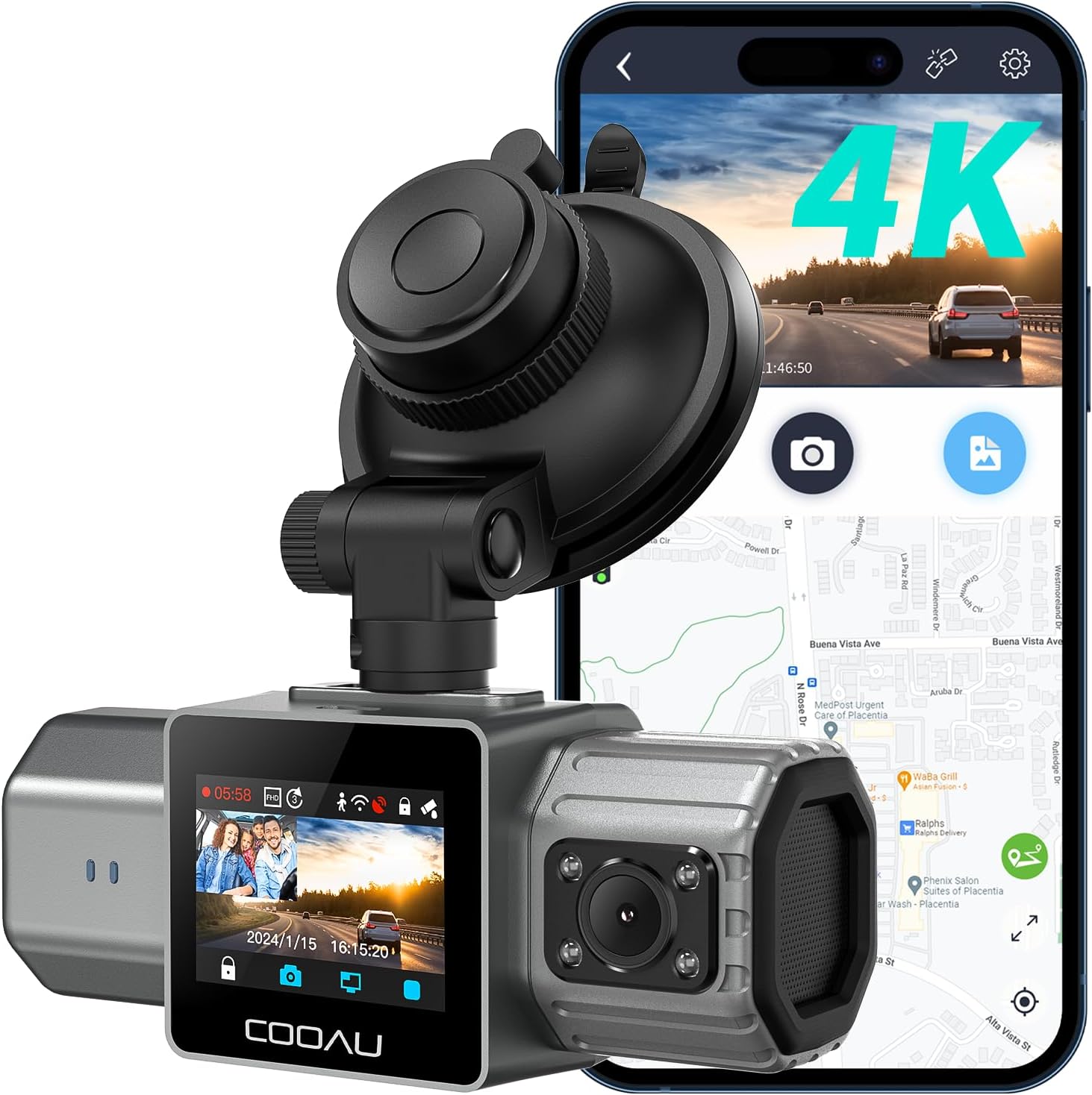 COOAU 4K Dual Dash Cam with Built-in GPS and Wi-Fi Features