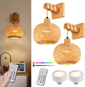 Battery Operated Wall Sconce Set of Two - Wireless Bamboo RGB Lights