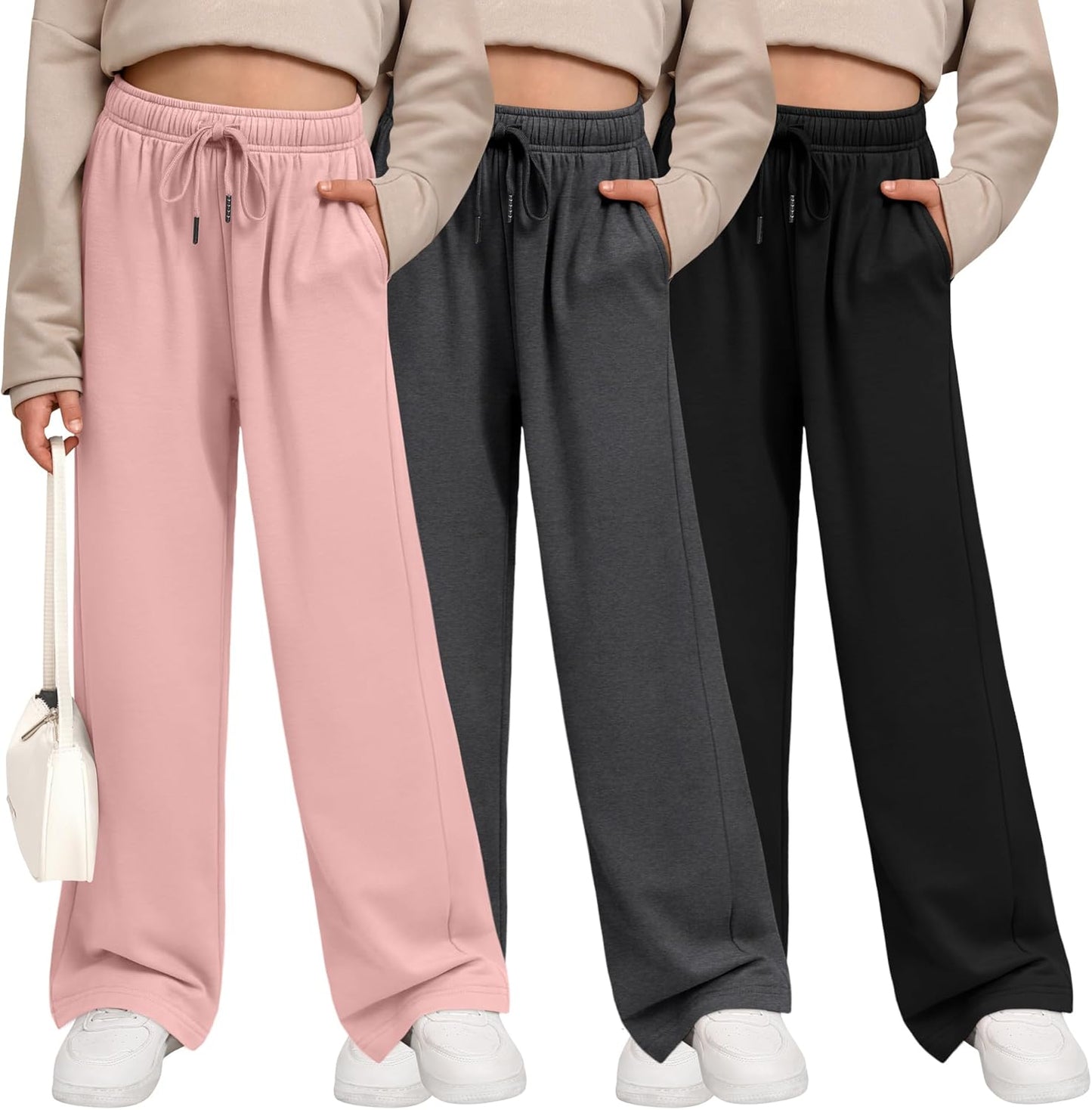 3 Pack Girls' Sweatpants Wide Leg Casual Joggers with Pockets