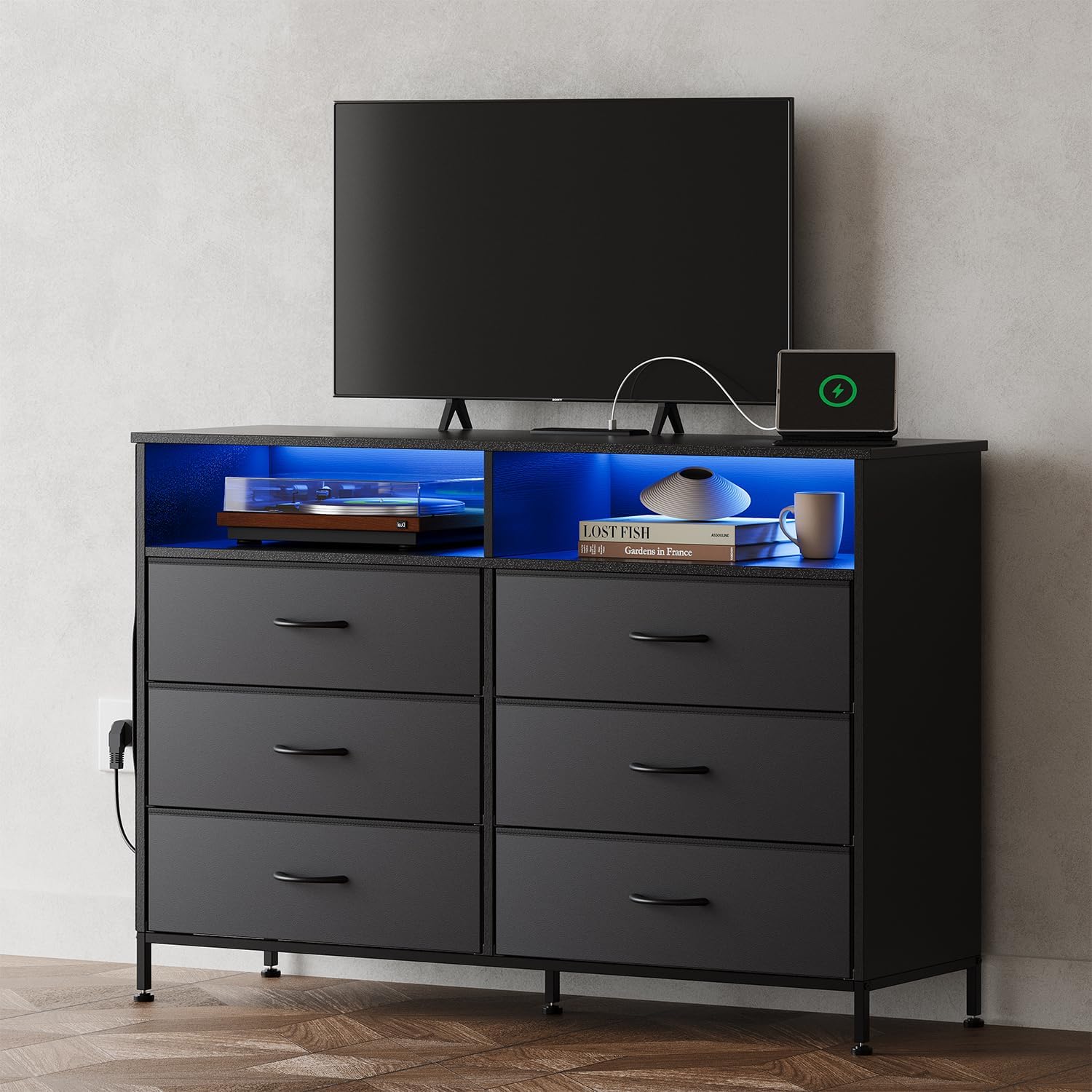 Black 6 Drawer Dresser with LED Lights & Charging Station - Organize Efficiently!