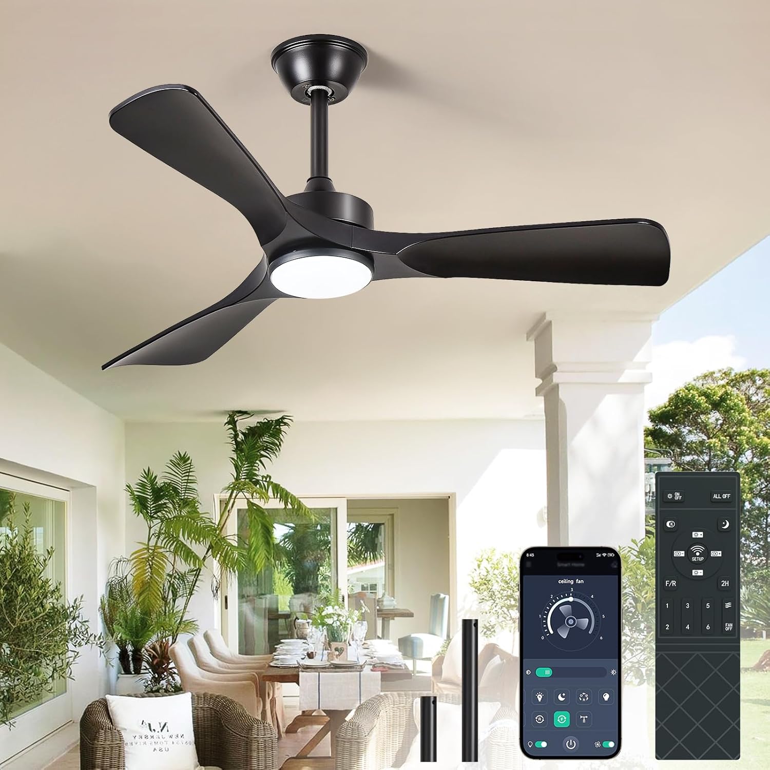 Black Ceiling Fan with Light: 42-Inch Modern Ceiling Fan