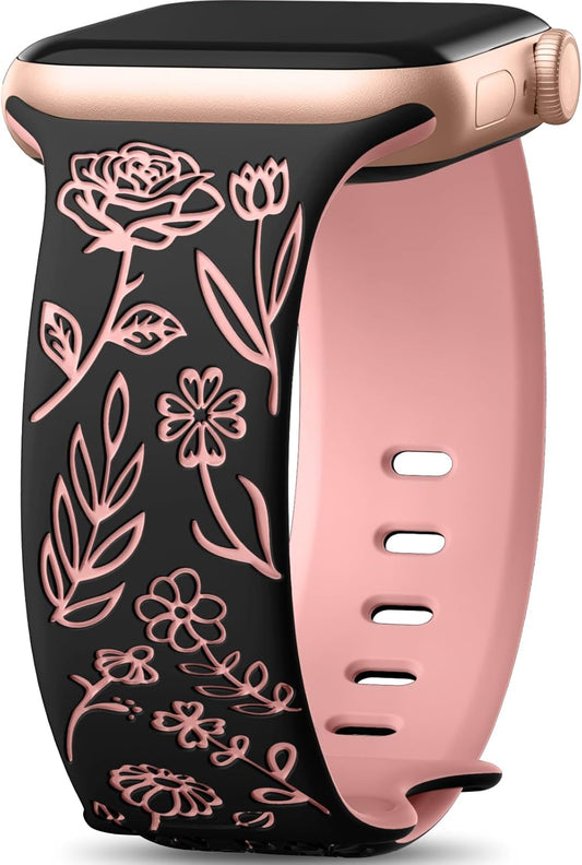 Floral Engraved Silicone Band for Apple Watch - Stylish & Comfy!