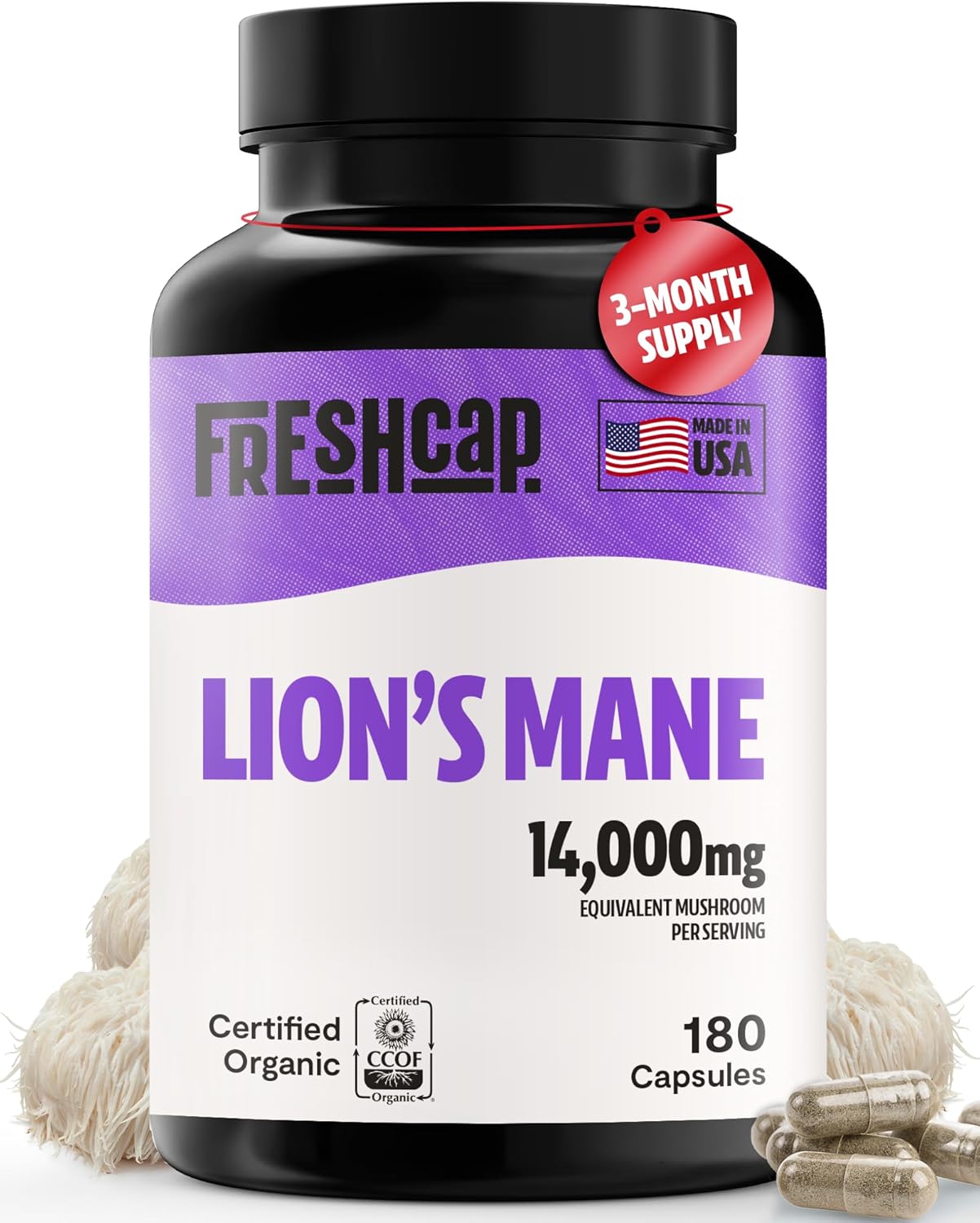 FreshCap Lions Mane Supplement Capsules for Brain Support