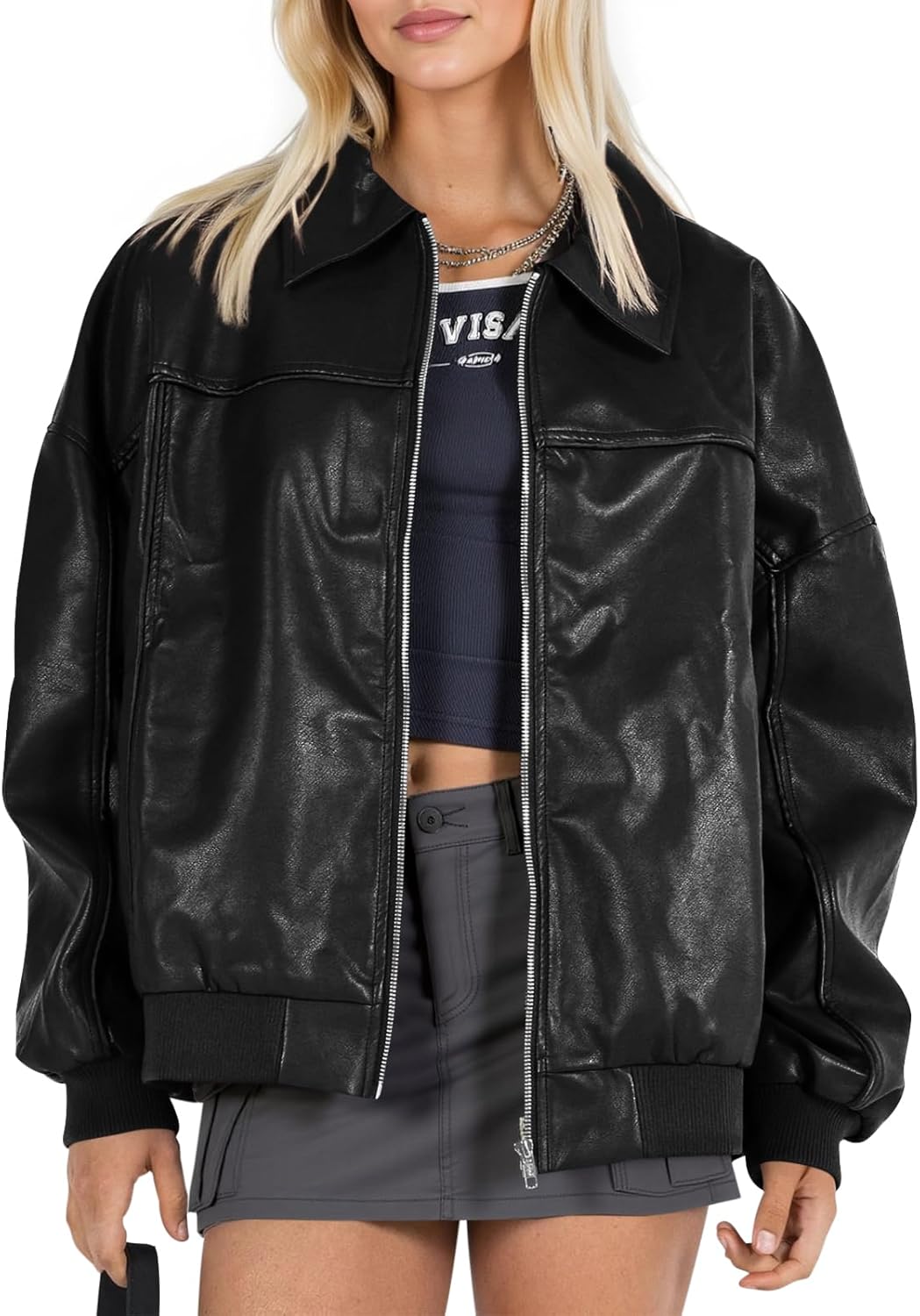 Stylish Oversized Faux Leather Jacket for Women by Tankaneo