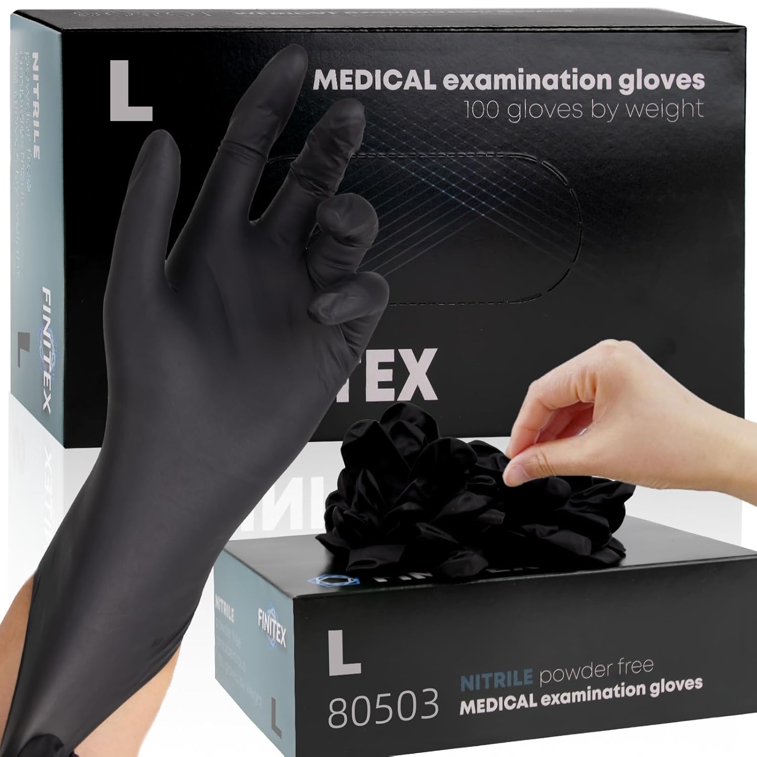 FINITEX 5mil Black Nitrile Gloves - Latex-Free & Powder-Free - 100 PCS Large